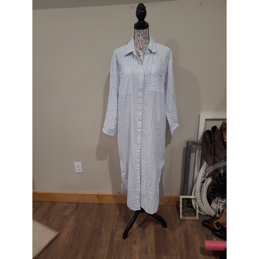 True Destinations Blue Wht. Seersucker Midi Shirt Dress Coastal women SZ S Beach